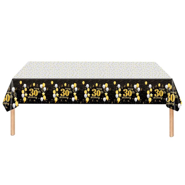 New Products Black Gold Happy 30th Birthday 100% PE 137*274cm Rectangular Plastic Tablecloth for Party Decorations