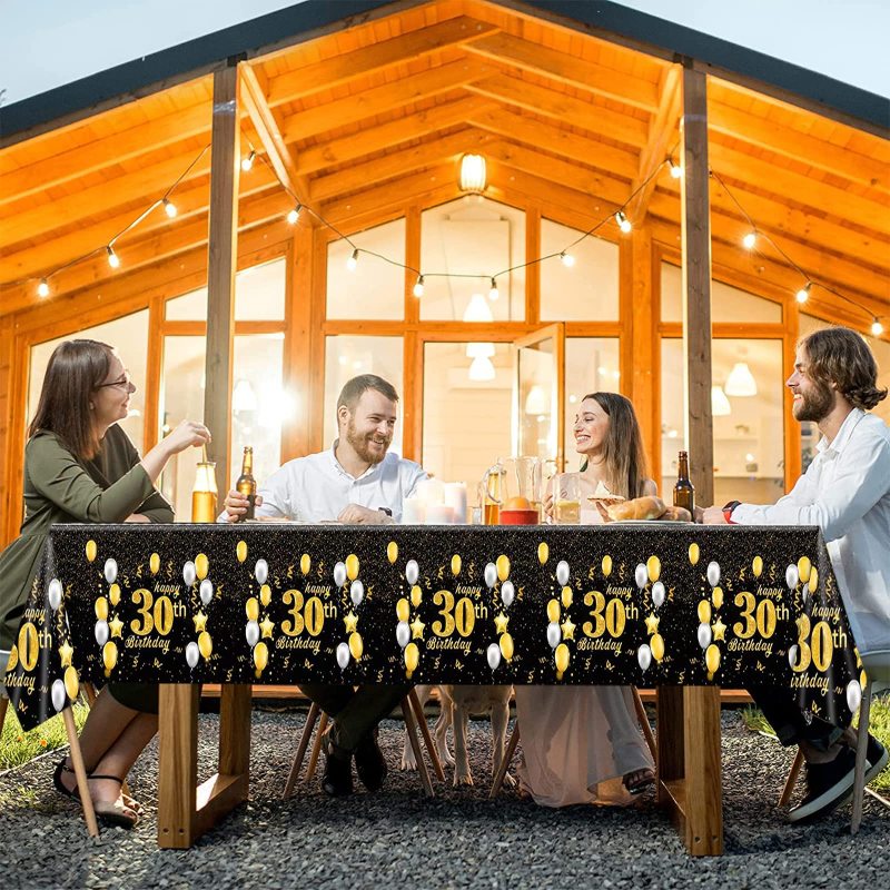 New Products Black Gold Happy 30th Birthday 100% PE 137*274cm Rectangular Plastic Tablecloth for Party Decorations