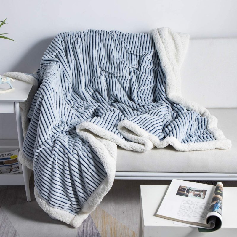 Solid Striped Throw Blanket Flannel Fleece Soft Adult Bed Cover Winter Warm Stitch Fluffy Bed Linen Bedspread for Sofa Bedroom