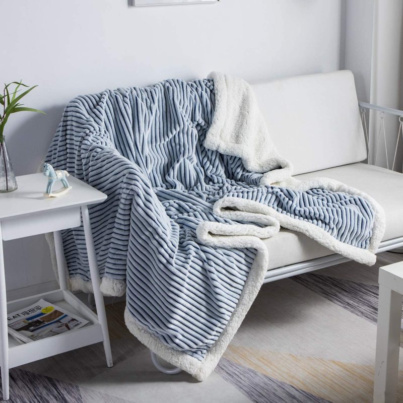 Solid Striped Throw Blanket Flannel Fleece Soft Adult Bed Cover Winter Warm Stitch Fluffy Bed Linen Bedspread for Sofa Bedroom