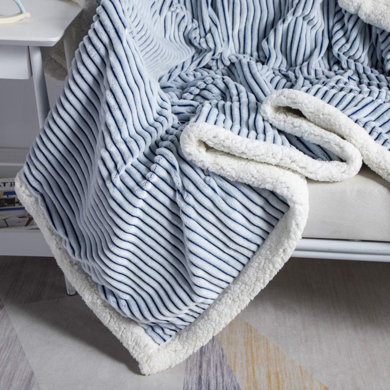 Solid Striped Throw Blanket Flannel Fleece Soft Adult Bed Cover Winter Warm Stitch Fluffy Bed Linen Bedspread for Sofa Bedroom