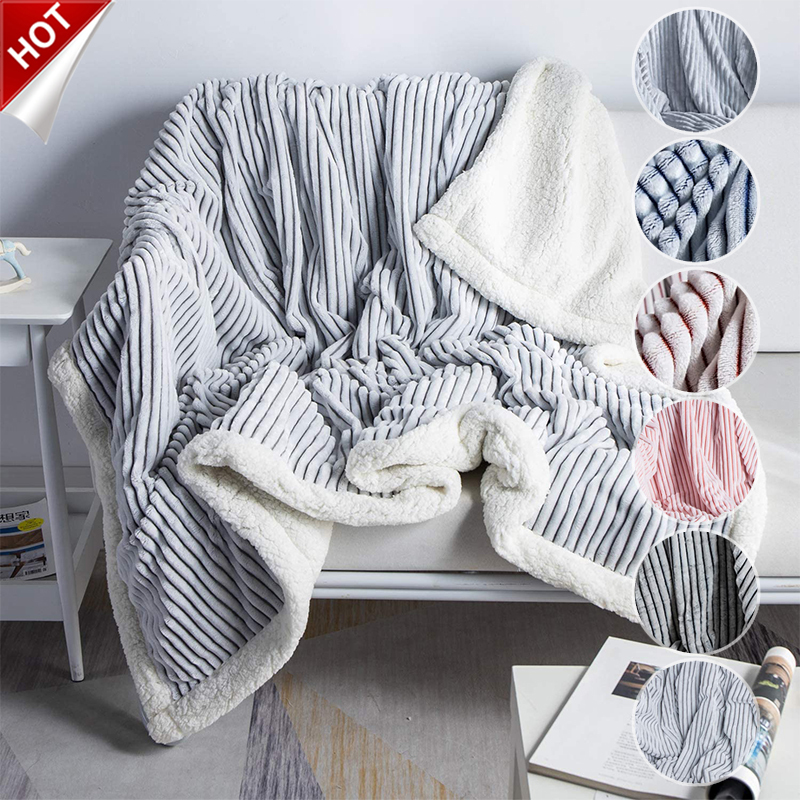 Solid Striped Throw Blanket Flannel Fleece Soft Adult Bed Cover Winter Warm Stitch Fluffy Bed Linen Bedspread for Sofa Bedroom