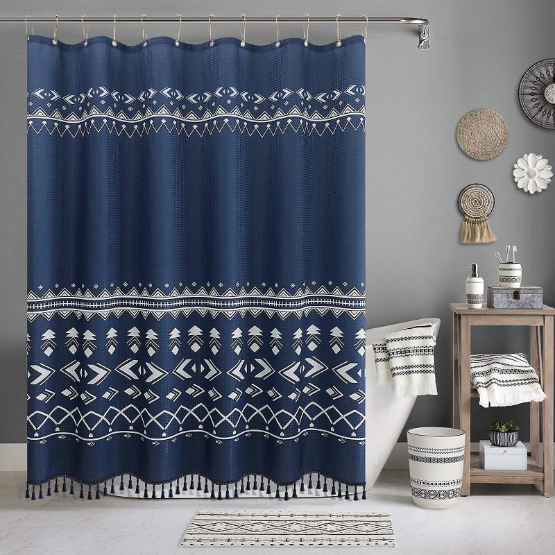 OEM Custom Printing Waffle Weave Shower Curtains,  Factory Wholesale Shower Curtains with Tassel$