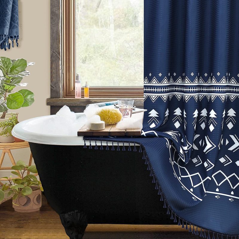 OEM Custom Printing Waffle Weave Shower Curtains,  Factory Wholesale Shower Curtains with Tassel$