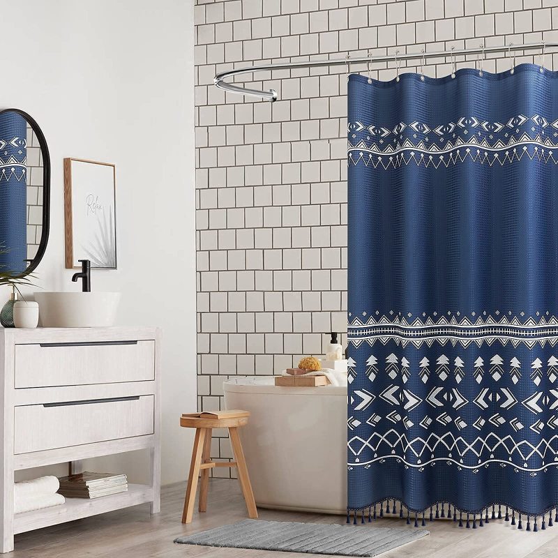 OEM Wholesale Waffle Weave Shower Curtains,  Factory Printed Shower Curtains with Tassel$
