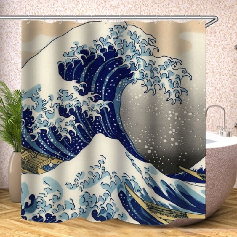 Rideau de douche imperméable à motif de vagues de la mer de Kanagawa, imprimé numérique, vente en gros