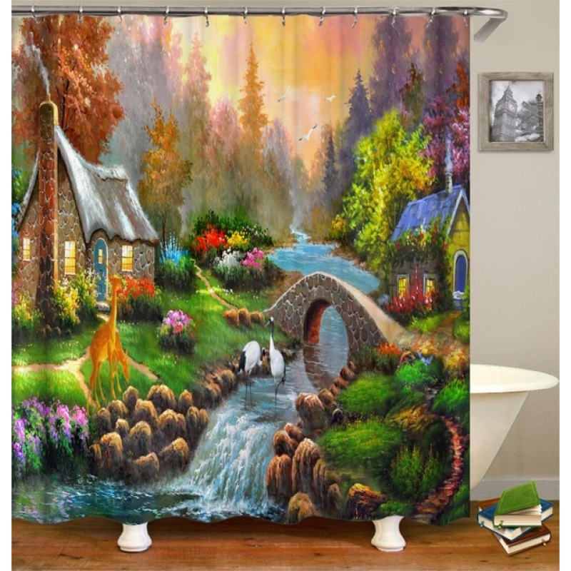 Rideau de douche imperméable à motif de vagues de la mer de Kanagawa, imprimé numérique, vente en gros