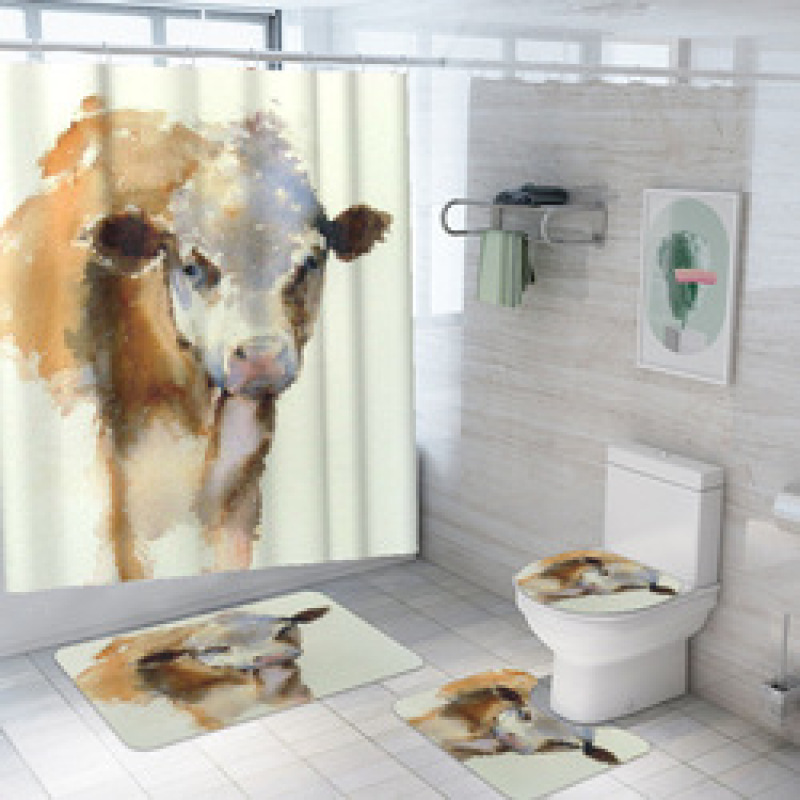 customized new 3D cow digital printing bathroom mat toilet waterproof cover shower curtain /