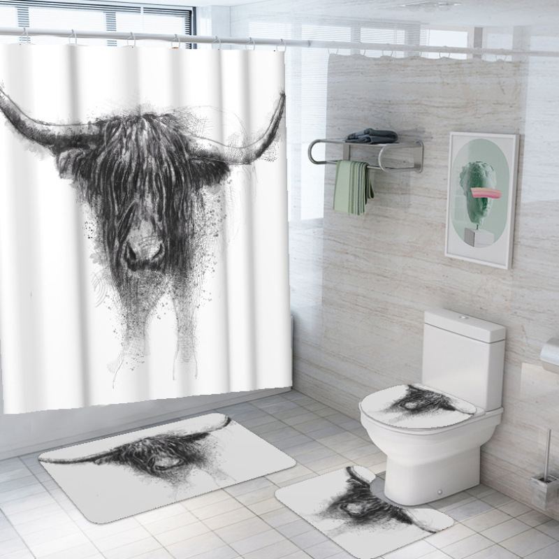 customized new 3D cow digital printing bathroom mat toilet waterproof cover shower curtain /