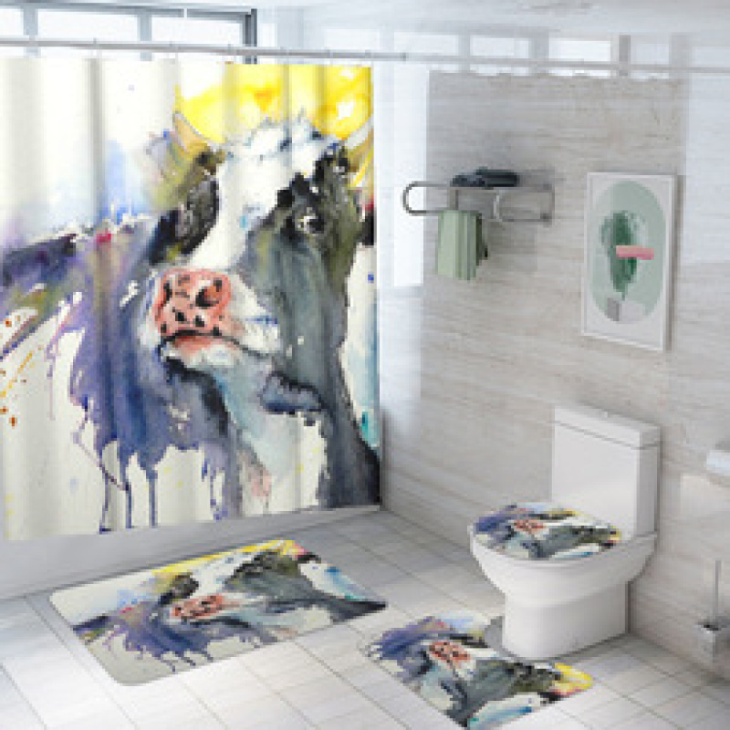 customized new 3D cow digital printing bathroom mat toilet waterproof cover shower curtain /