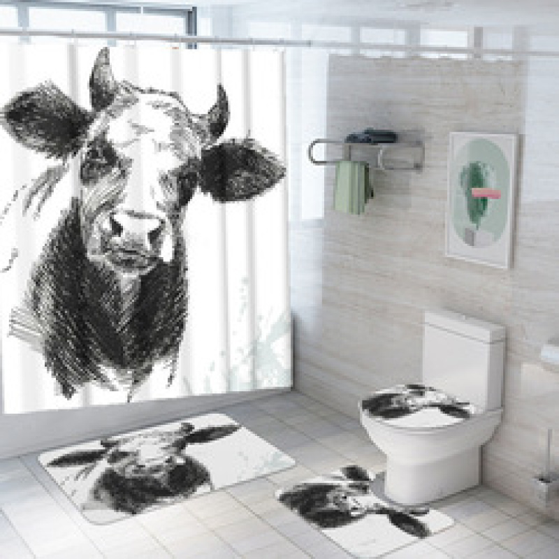 customized new 3D cow digital printing bathroom mat toilet waterproof cover shower curtain /