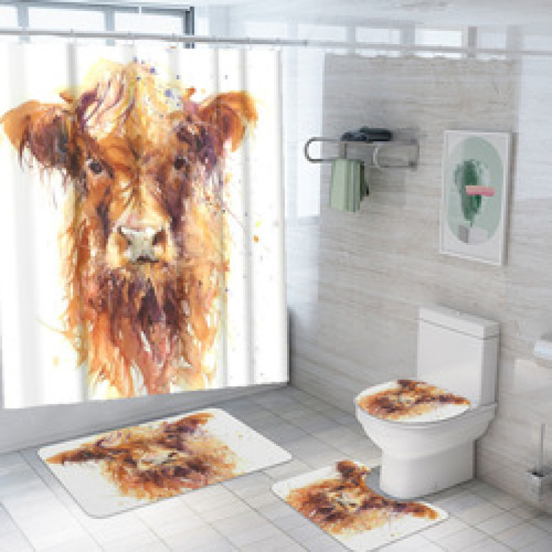 customized new 3D cow digital printing bathroom mat toilet waterproof cover shower curtain /