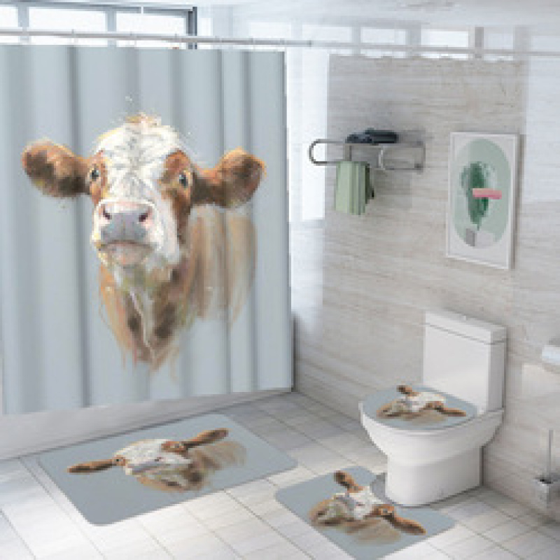 customized new 3D cow digital printing bathroom mat toilet waterproof cover shower curtain /