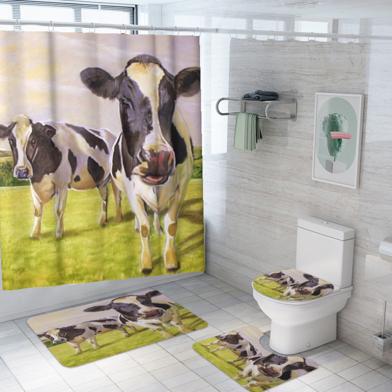 customized new 3D cow digital printing bathroom mat toilet waterproof cover shower curtain /