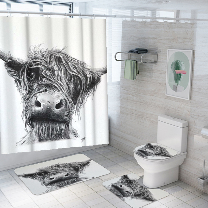 customized new 3D cow digital printing bathroom mat toilet waterproof cover shower curtain /