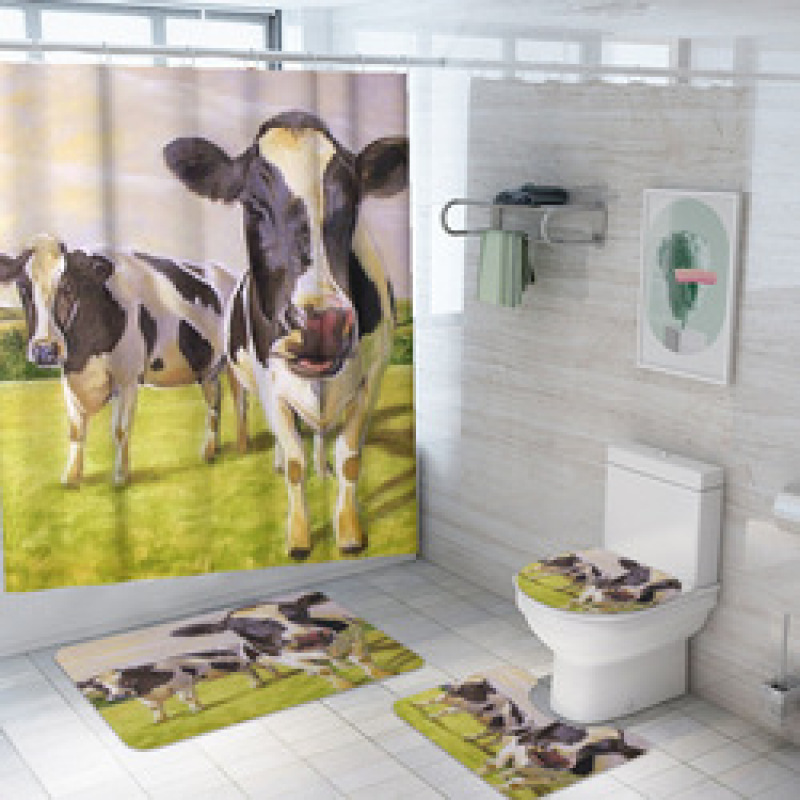 customized new 3D cow digital printing bathroom mat toilet waterproof cover shower curtain /