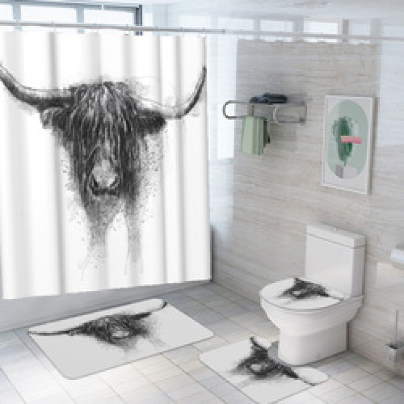customized new 3D cow digital printing bathroom mat toilet waterproof cover shower curtain /