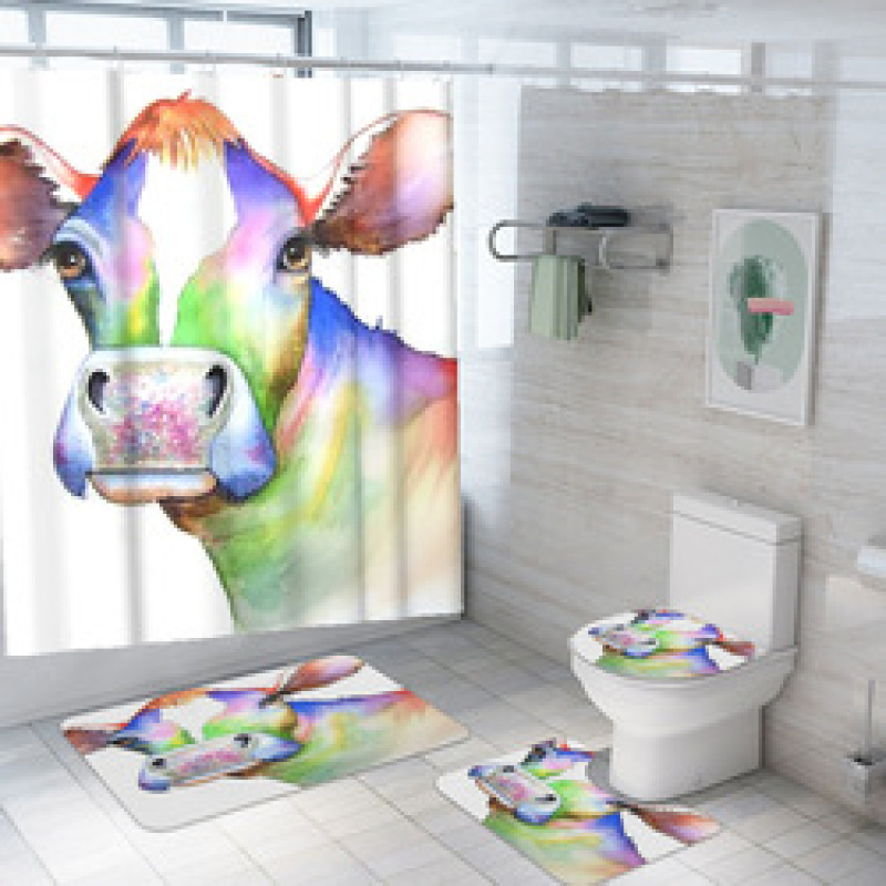 customized new 3D cow digital printing bathroom mat toilet waterproof cover shower curtain /