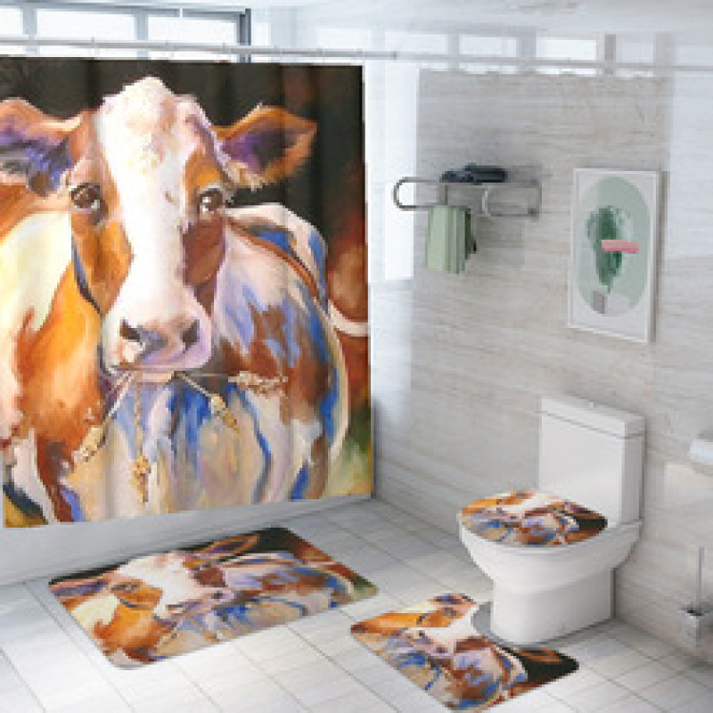 customized new 3D cow digital printing bathroom mat toilet waterproof cover shower curtain /