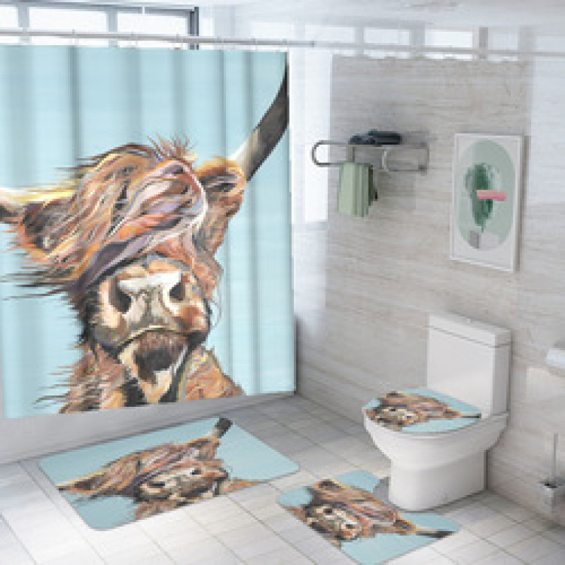 customized new 3D cow digital printing bathroom mat toilet waterproof cover shower curtain /