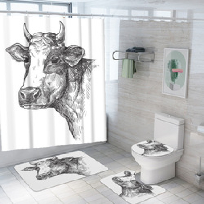customized new 3D cow digital printing bathroom mat toilet waterproof cover shower curtain /