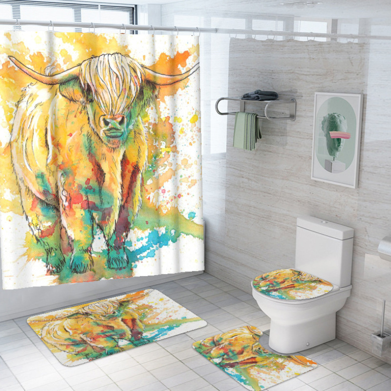 customized new 3D cow digital printing bathroom mat toilet waterproof cover shower curtain /