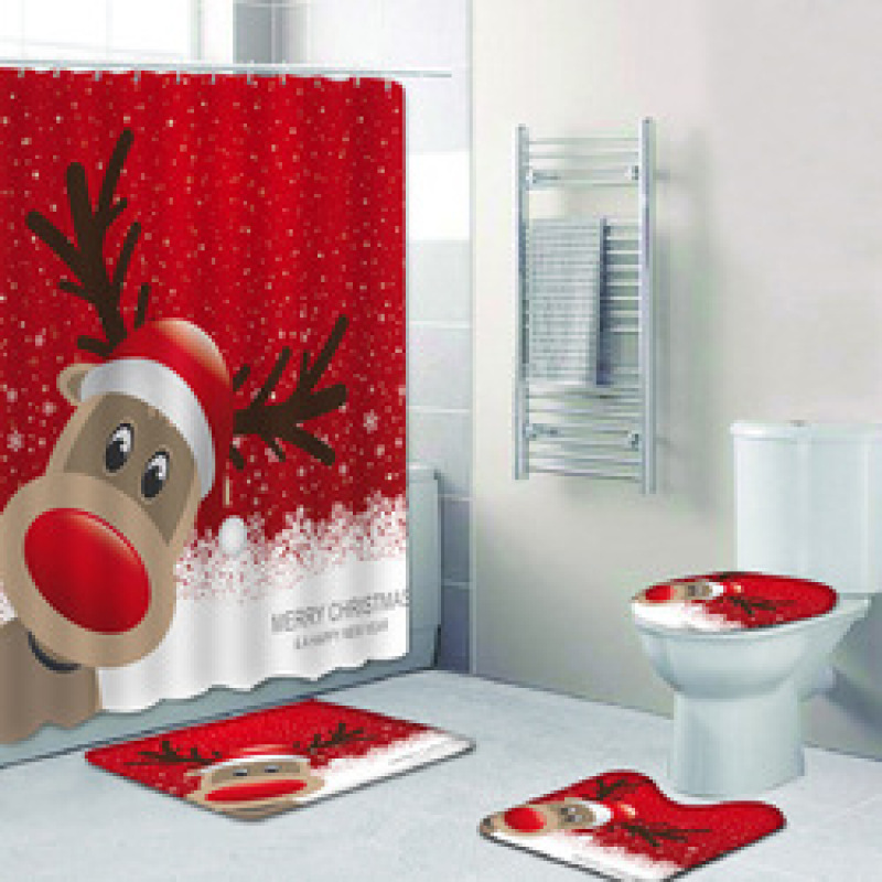 2022 Custom Printed With Shower Curtain And Rugs, Hot Thick Christmas Shower Curtain Set#