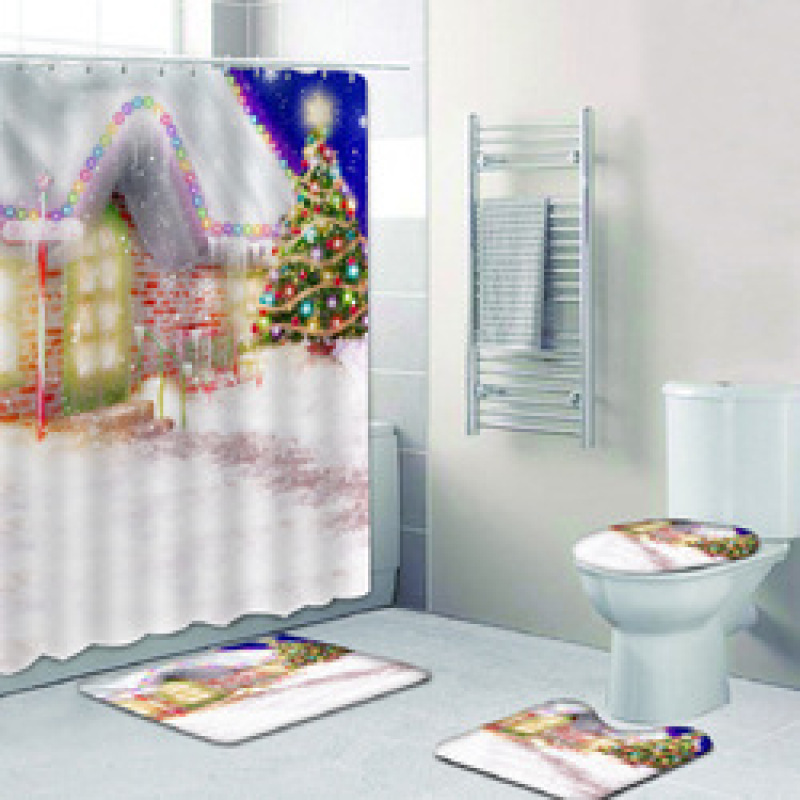 2022 Custom Printed With Shower Curtain And Rugs, Hot Thick Christmas Shower Curtain Set#
