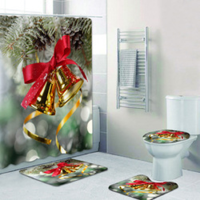 2022 Custom Printed With Shower Curtain And Rugs, Hot Thick Christmas Shower Curtain Set#