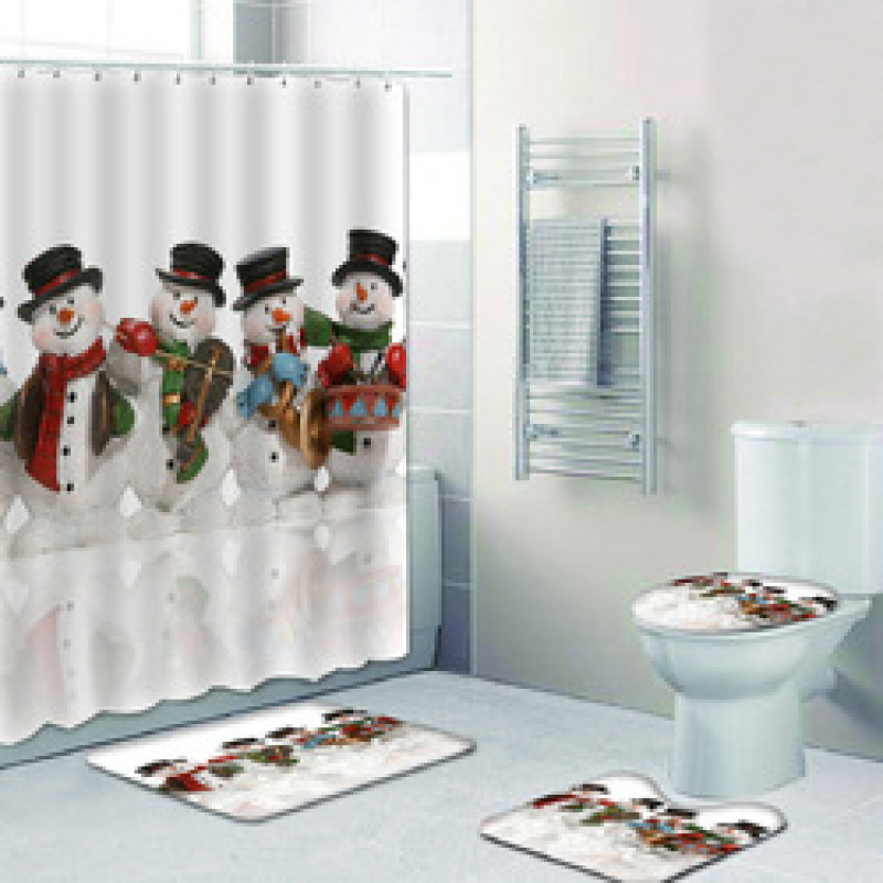 2022 Custom Printed With Shower Curtain And Rugs, Hot Thick Christmas Shower Curtain Set#