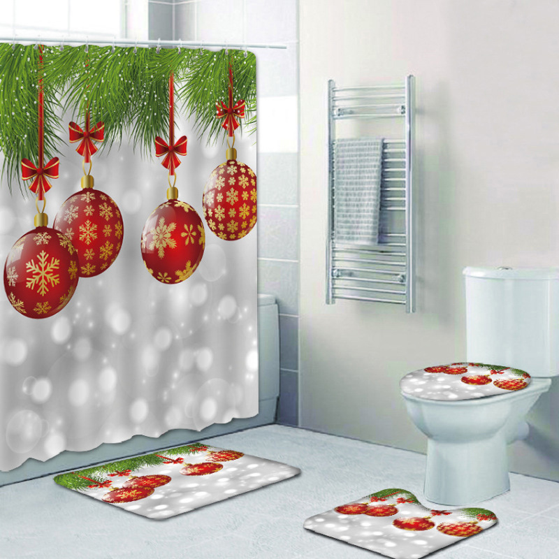 2022 Custom Printed With Shower Curtain And Rugs, Hot Thick Christmas Shower Curtain Set#