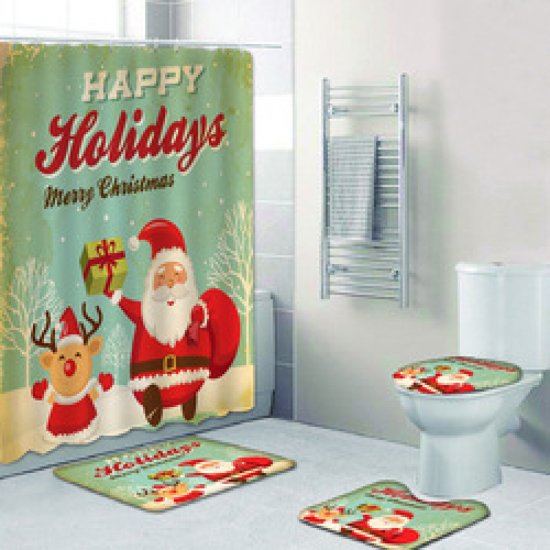 2022 Custom Printed With Shower Curtain And Rugs, Hot Thick Christmas Shower Curtain Set#