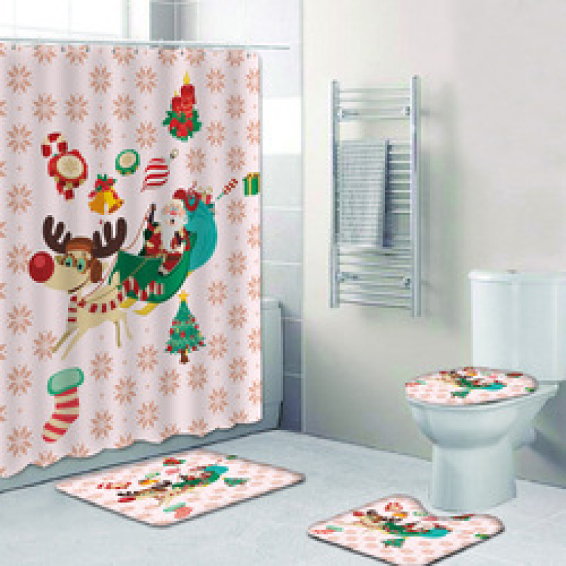 2022 Custom Printed With Shower Curtain And Rugs, Hot Thick Christmas Shower Curtain Set#