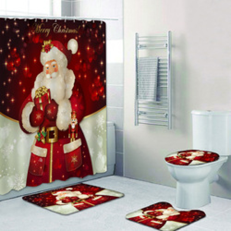 2022 Custom Printed With Shower Curtain And Rugs, Hot Thick Christmas Shower Curtain Set#
