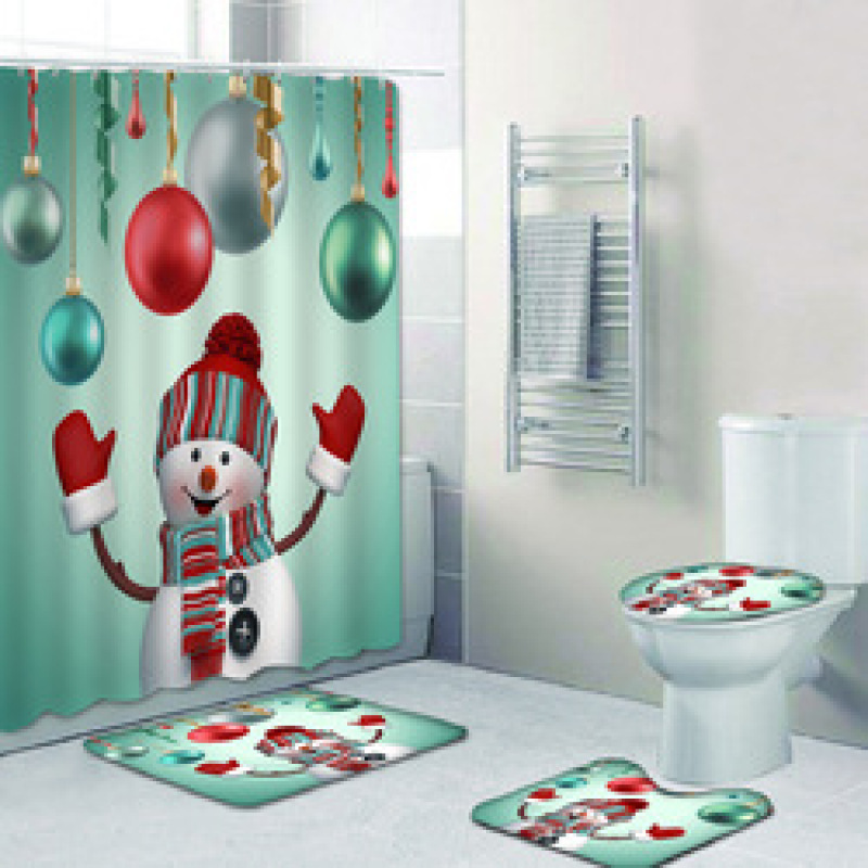 2022 Custom Printed With Shower Curtain And Rugs, Hot Thick Christmas Shower Curtain Set#
