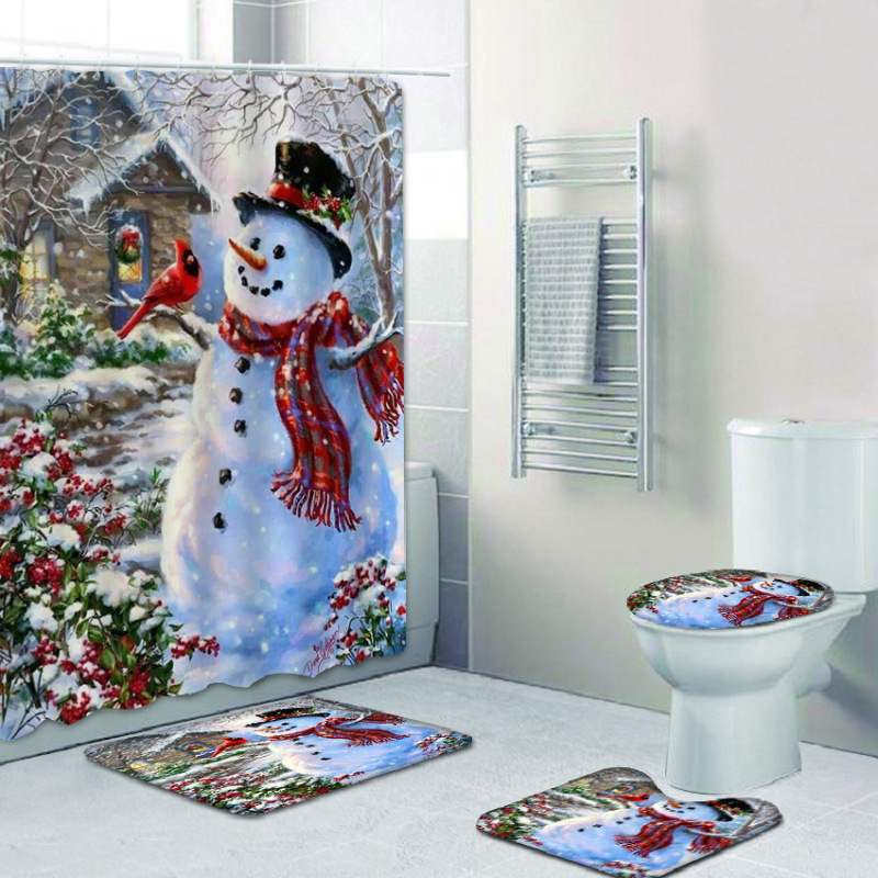 2022 Custom Printed With Shower Curtain And Rugs, Hot Thick Christmas Shower Curtain Set#