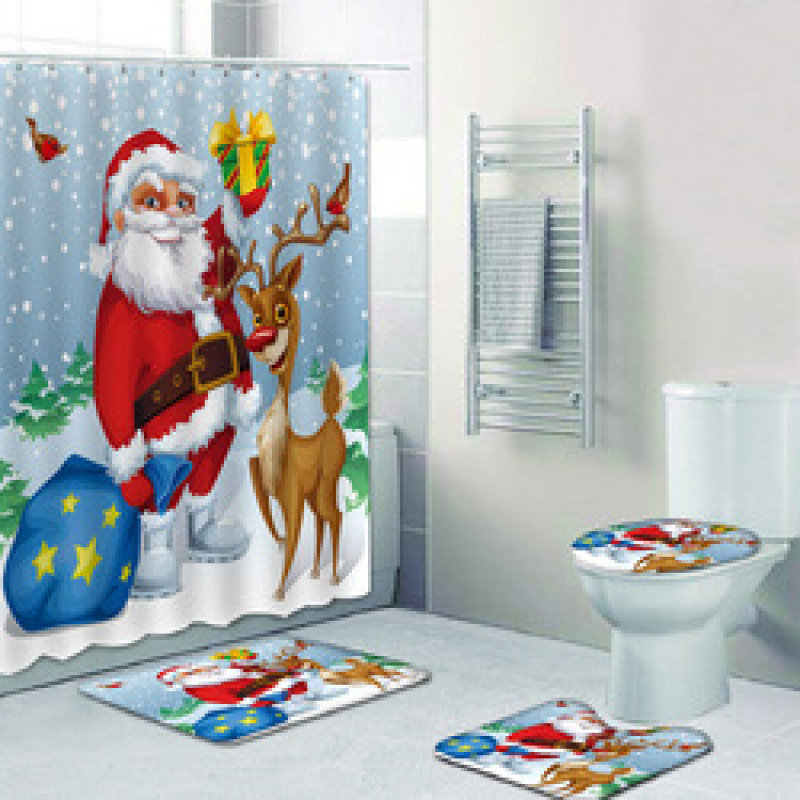 2022 Custom Printed With Shower Curtain And Rugs, Hot Thick Christmas Shower Curtain Set#