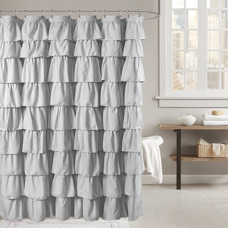 Waterproof Corrugated Edge Shower Curtain, Home Decor Ruffle Bathroom Curtains, Solid White and Gray New/