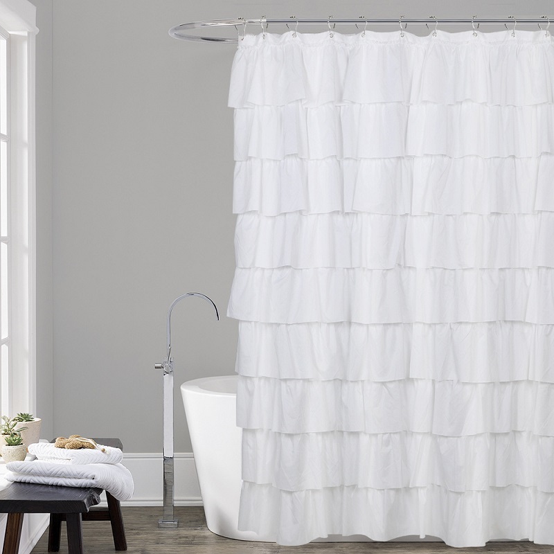 Waterproof Corrugated Edge Shower Curtain, Home Decor Ruffle Bathroom Curtains, Solid White and Gray New/