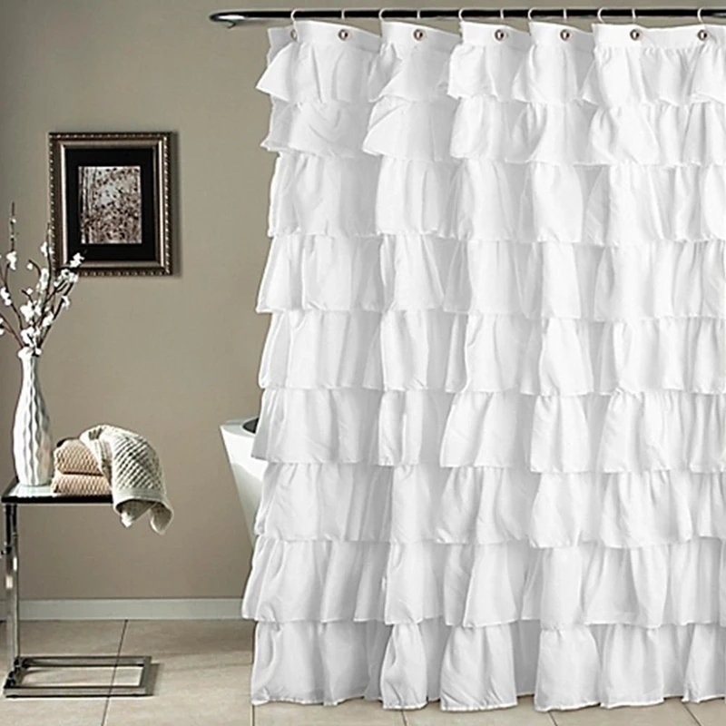 Waterproof Corrugated Edge Shower Curtain, Home Decor Ruffle Bathroom Curtains, Solid White and Gray New/