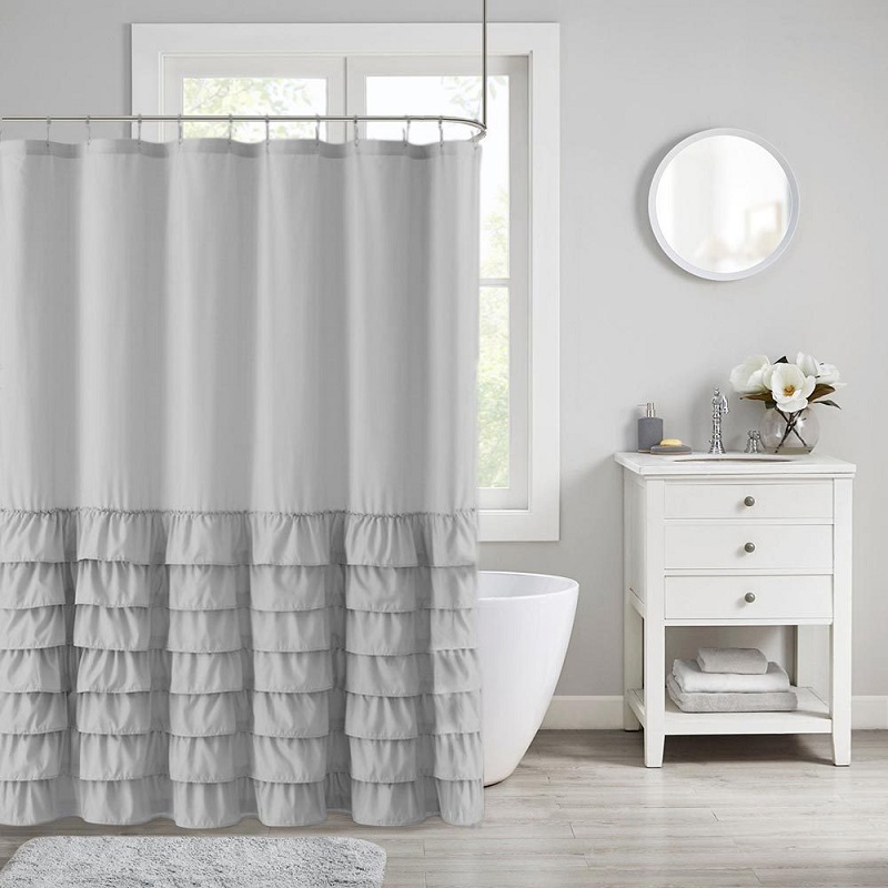 Waterproof Corrugated Edge Shower Curtain, Home Decor Ruffle Bathroom Curtains, Solid White and Gray New/