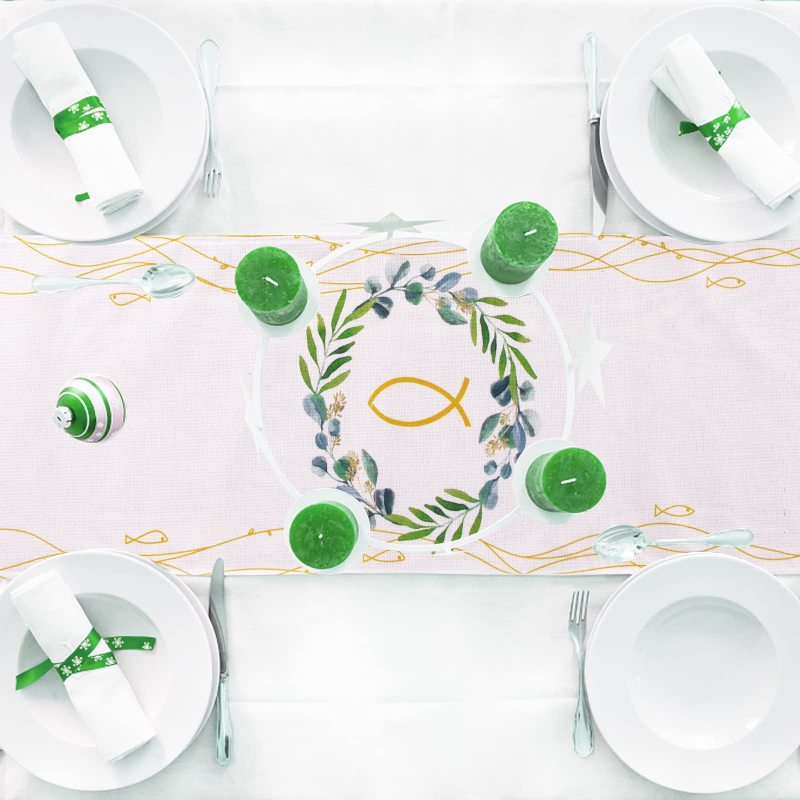 270 x 30 cm Table Runner Christening with Fish Motif., Jute Wreath Pattern Table Runner Decoration#