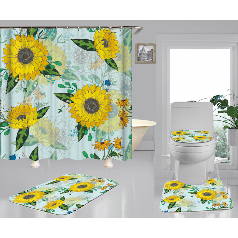New Design Sunflower 100%Polyester Waterproof Floral Spring Plant Shower Curtain, Cheap Home Decor Digital Print Curtain Set/