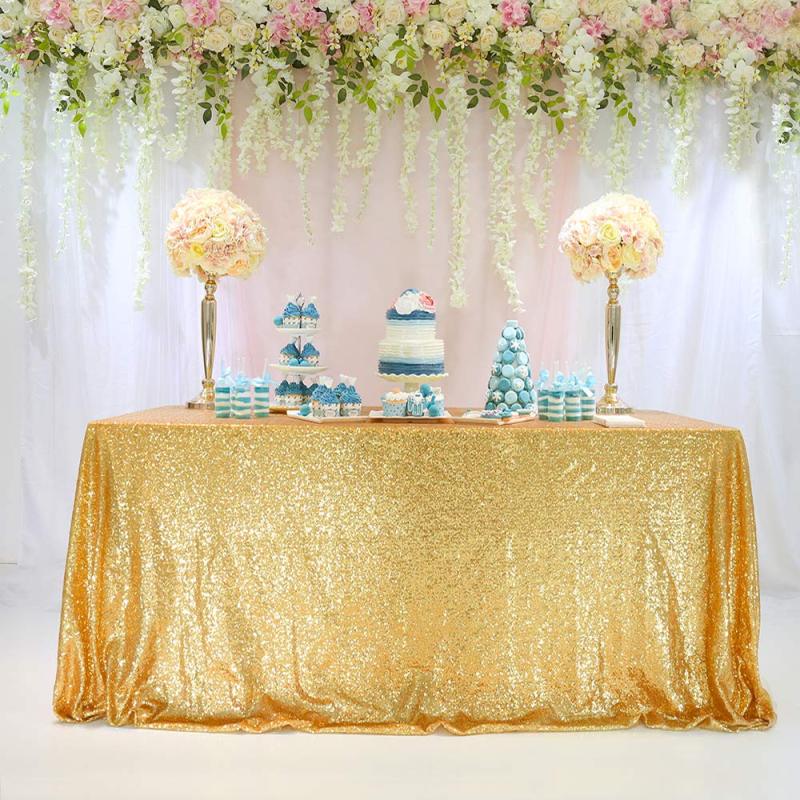 Custom Shiny Sequins Beautiful  Christmas Decorative Party Rectangle sheer gold beaded lace overlay tablecloth For Wedding