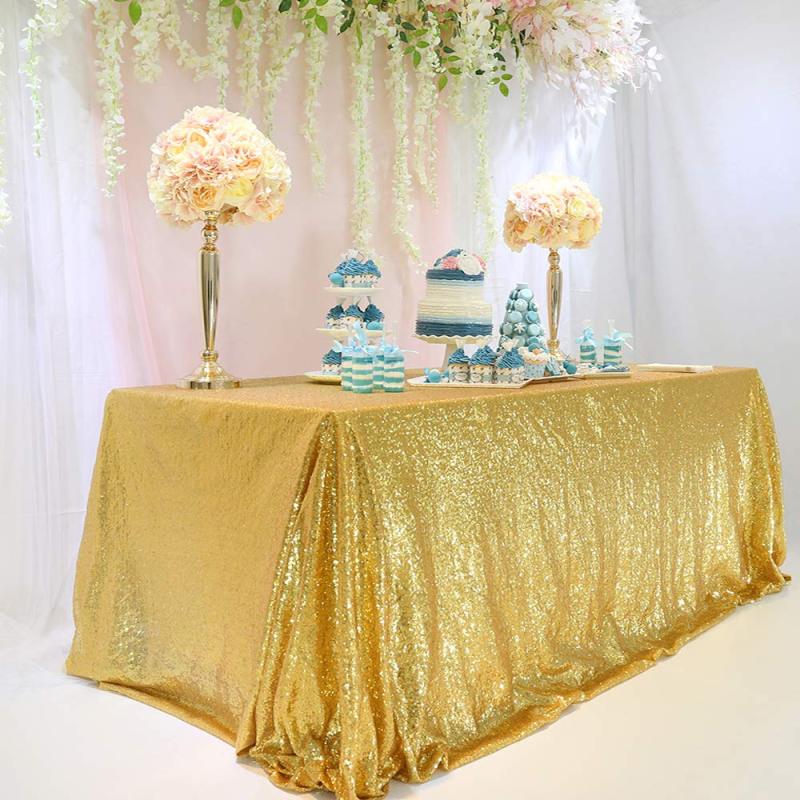 Custom Shiny Sequins Beautiful  Christmas Decorative Party Rectangle sheer gold beaded lace overlay tablecloth For Wedding