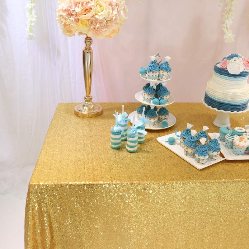 Custom Shiny Sequins Beautiful  Christmas Decorative Party Rectangle sheer gold beaded lace overlay tablecloth For Wedding