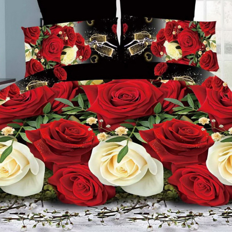 Wedding Comforter Set, Red Rose Flower Pattern Bedding Set/