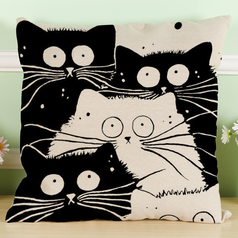 Black And White Cat Pattern Print Cotton Linen Cushion Cover, Cute Pattern Cushion Cover /