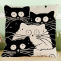 Black And White Cat Pattern Print Cotton Linen Cushion Cover, Cute Pattern Cushion Cover /