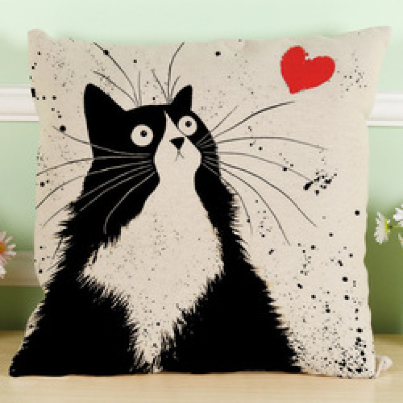 Black And White Cat Pattern Print Cotton Linen Cushion Cover, Cute Pattern Cushion Cover /
